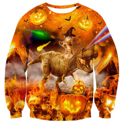 Pumpkin Cat Riding Dinosaur Halloween Ugly Christmas Sweater