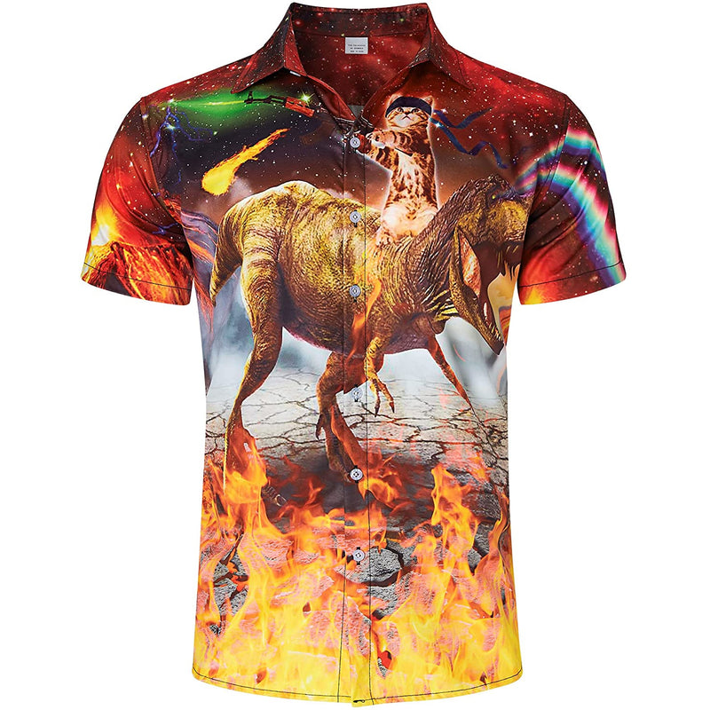 Fire Gun Cat Riding Dinosaur Crazy Hawaiian Shirt