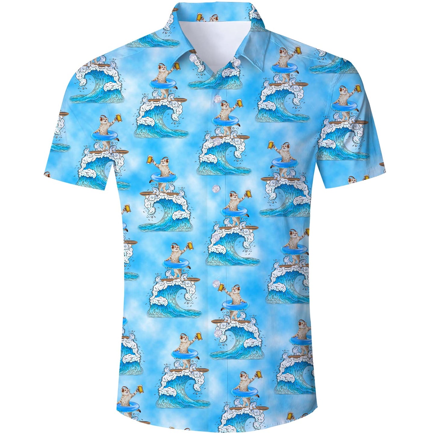 Bier DJ Surfende Kat Blauw Grappig Hawaiiaans Shirt