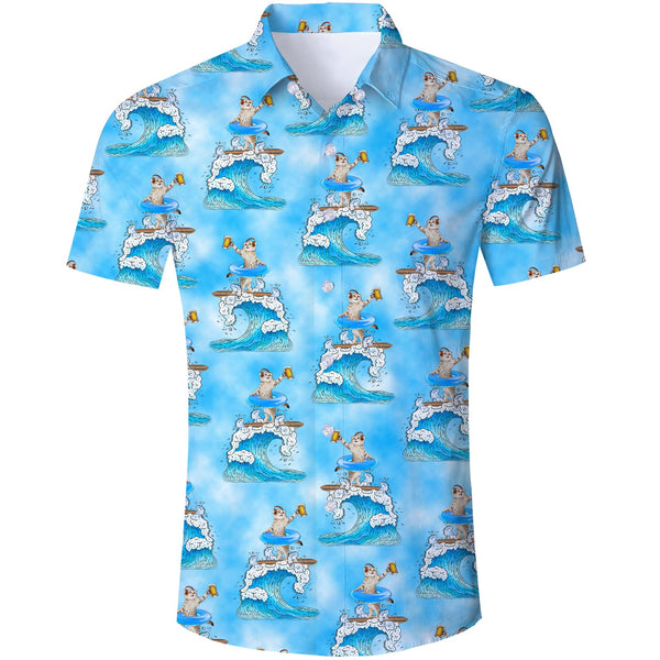 Beer DJ Surfing Cat Blue Funny Hawaiian Shirt