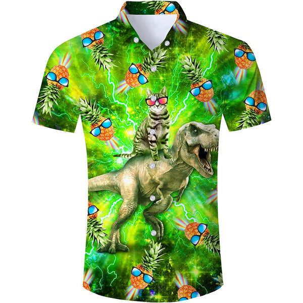 Pineapple Cat Riding Dinosaur Funny Hawaiian Shirt