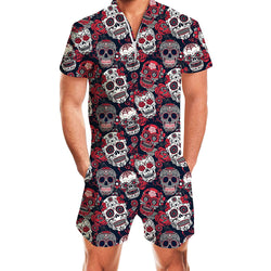 Mens Skull Floral Romper - Male Romper Jumpsuit