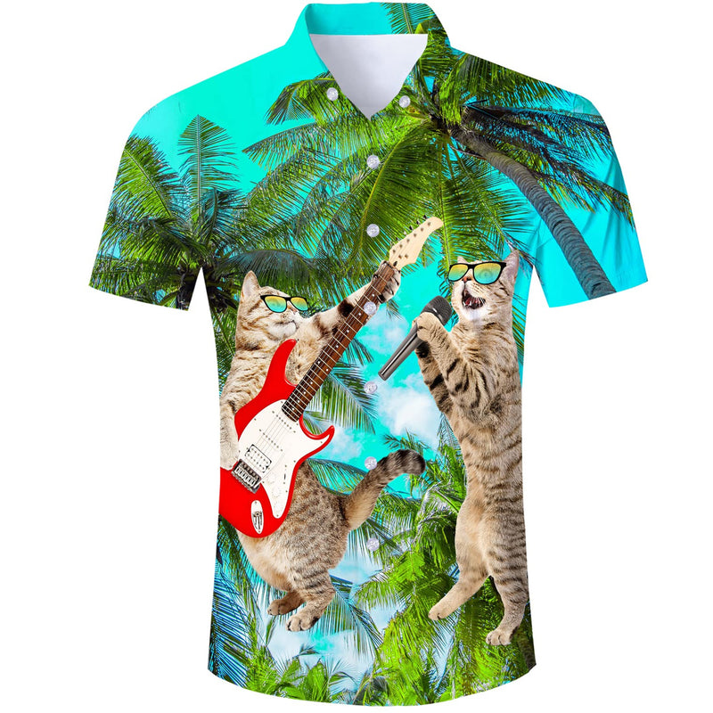 Palm Tree Guitar Cat Funny Hawaiian Shirt