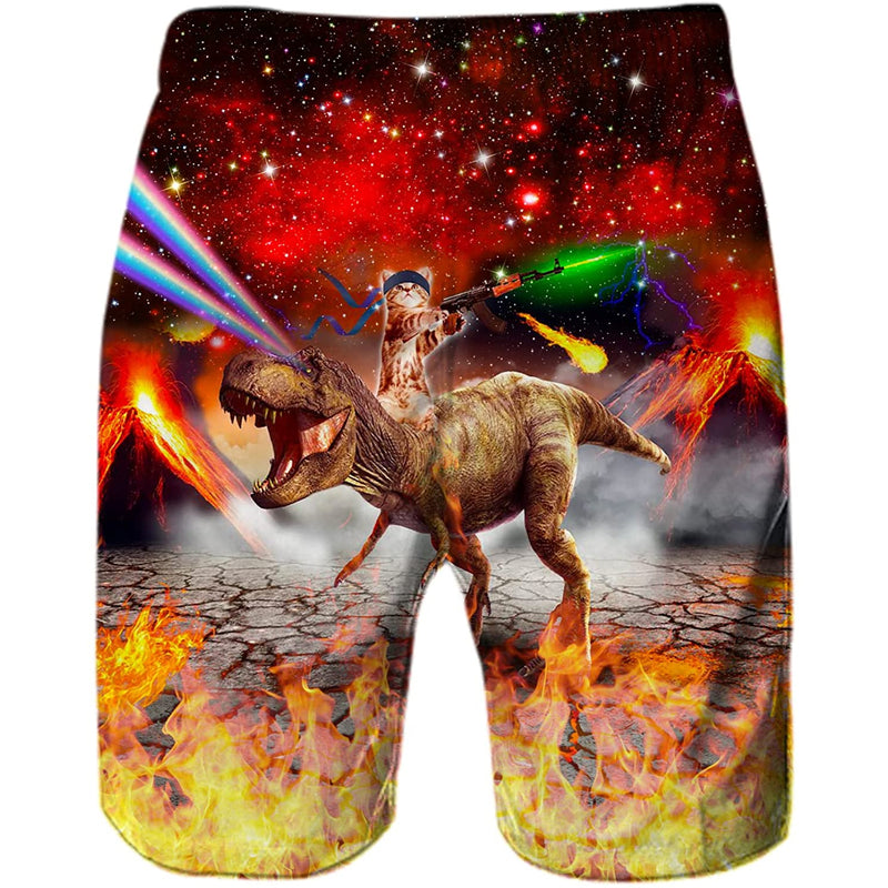 Gun Cat Riding Dinosaur Funny Swim Trunks