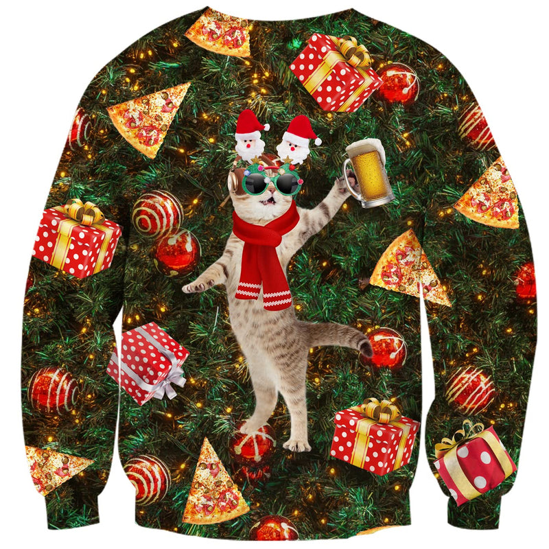 Beer Pizza DJ Cat Ugly Christmas Sweater