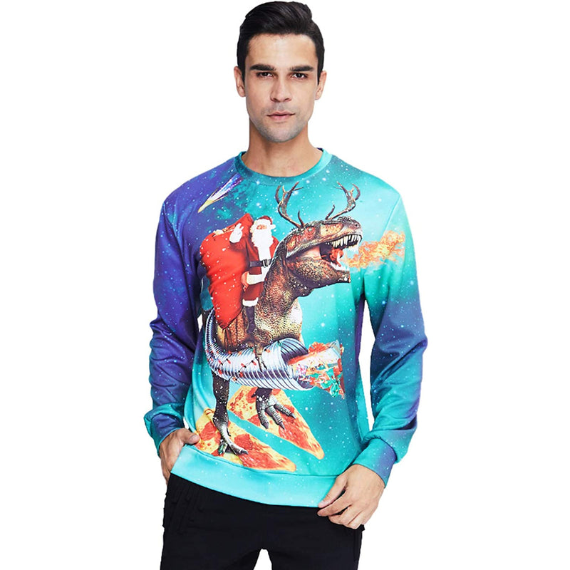 Santa Claus Riding Pizza Dinosaur Ugly Christmas Sweater