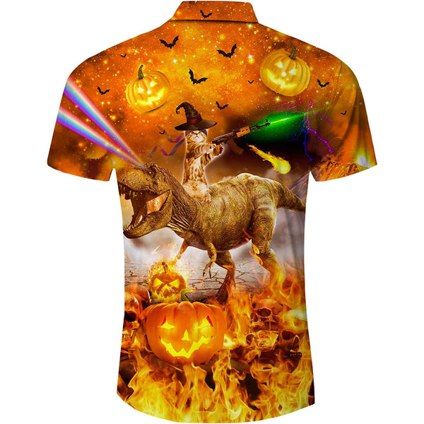 Halloween Cat Riding Dinosaur Funny Hawaiian Shirt