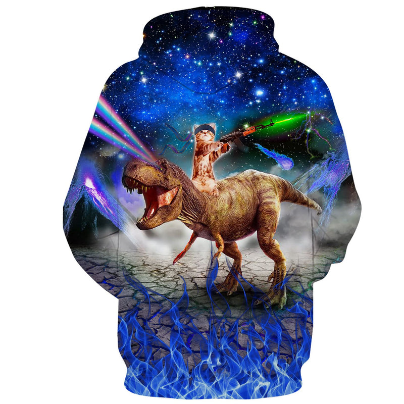 Blue Galaxy Gun Cat Riding Dinosaur Funny Hoodie