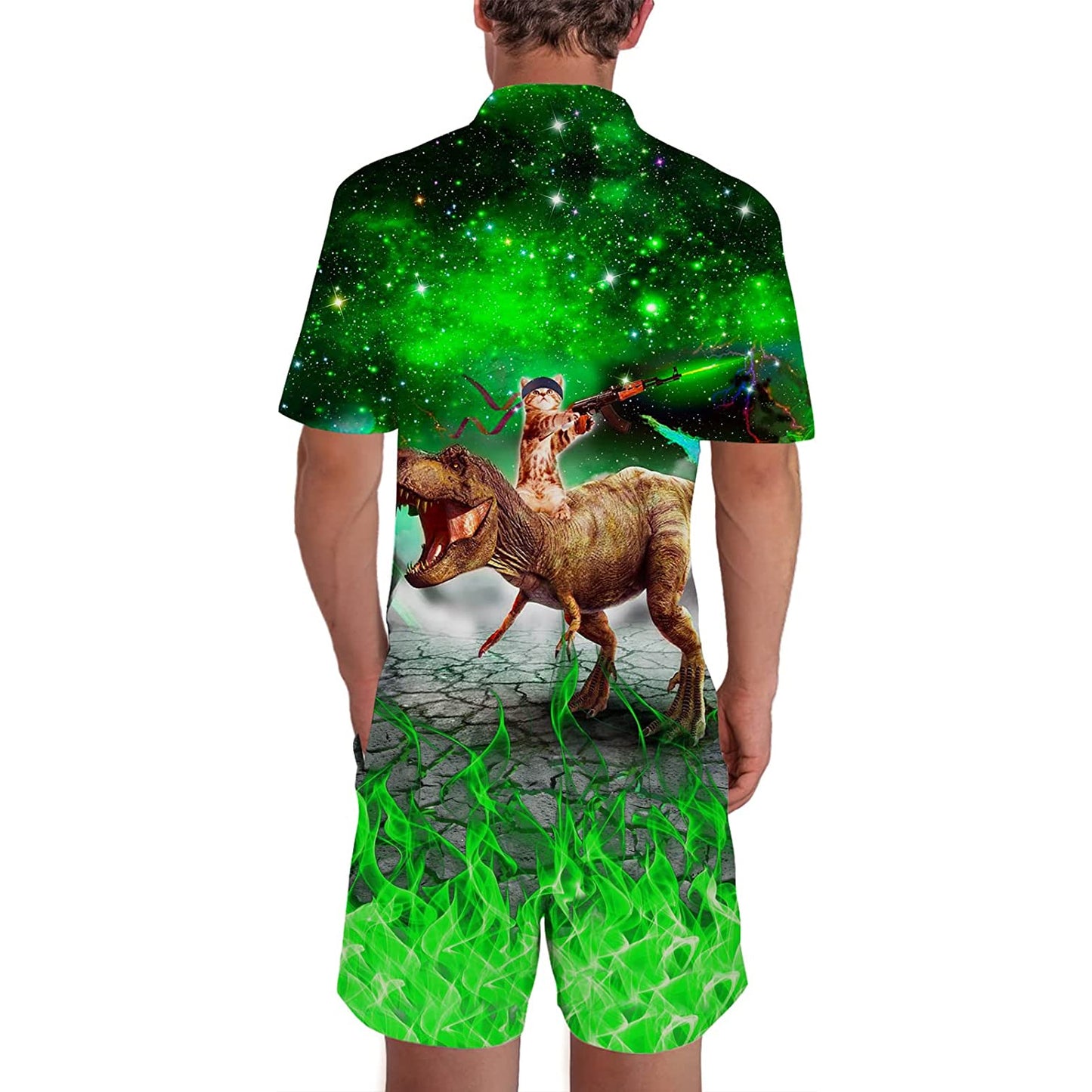 Groene Galaxy Cat Riding Dinosaur Heren Romper