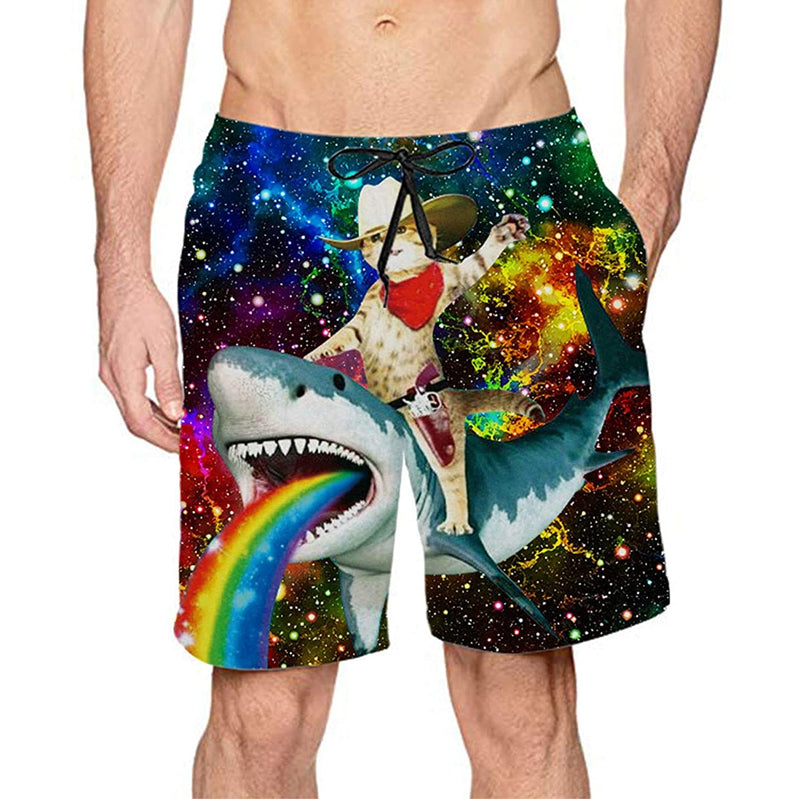 Space Cat Riding Shark Rainbow Funny Swim Trunks