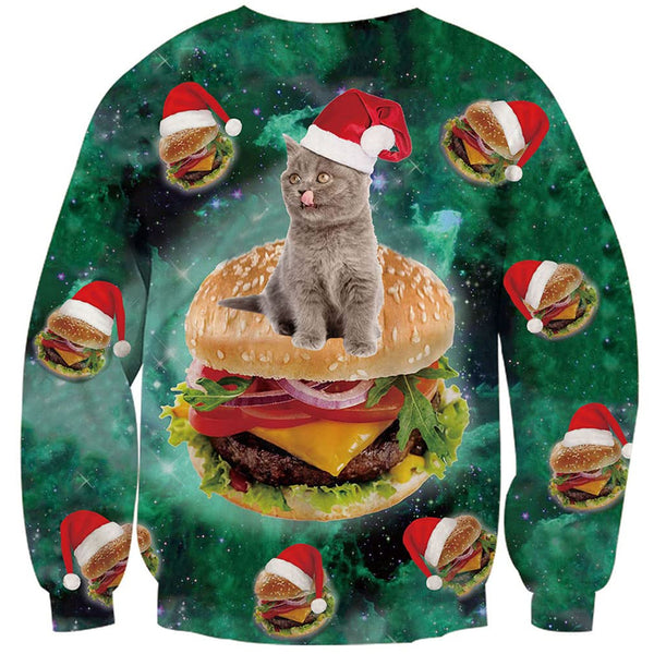 Cat Sitting Hamburger Green Ugly Christmas Sweater