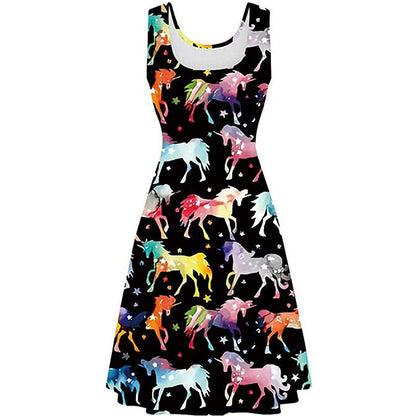 unicorn dress for ladies Unique Vintage Navy Unicorn Print Cotton Swing Dress