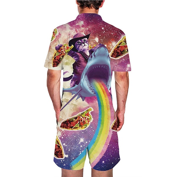 Cat Riding Shark Rainbow Male Romper