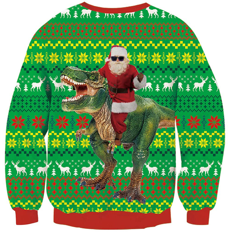 Santa Claus Riding Dinosaur Green Ugly Christmas Sweater