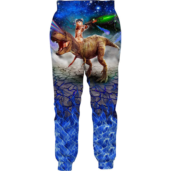 Blue Gun Cat Riding Dinosaur Funny Sweatpants