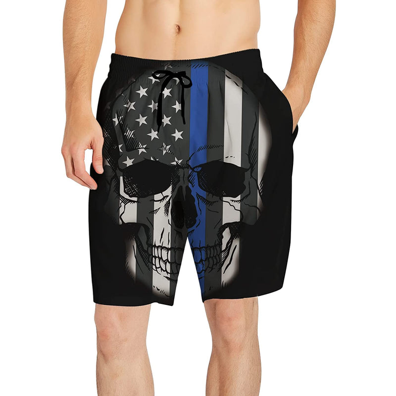 Blue American Flag Skull Funny Swim Trunks