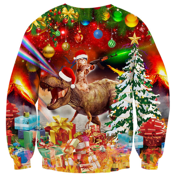 Gun Cat Riding Dinosaur Red Ugly Christmas Sweater