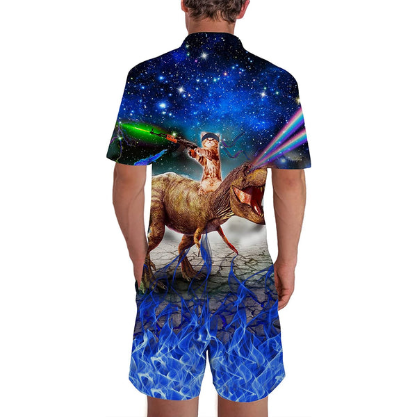 Gun Cat Riding Dinosaur Men Romper