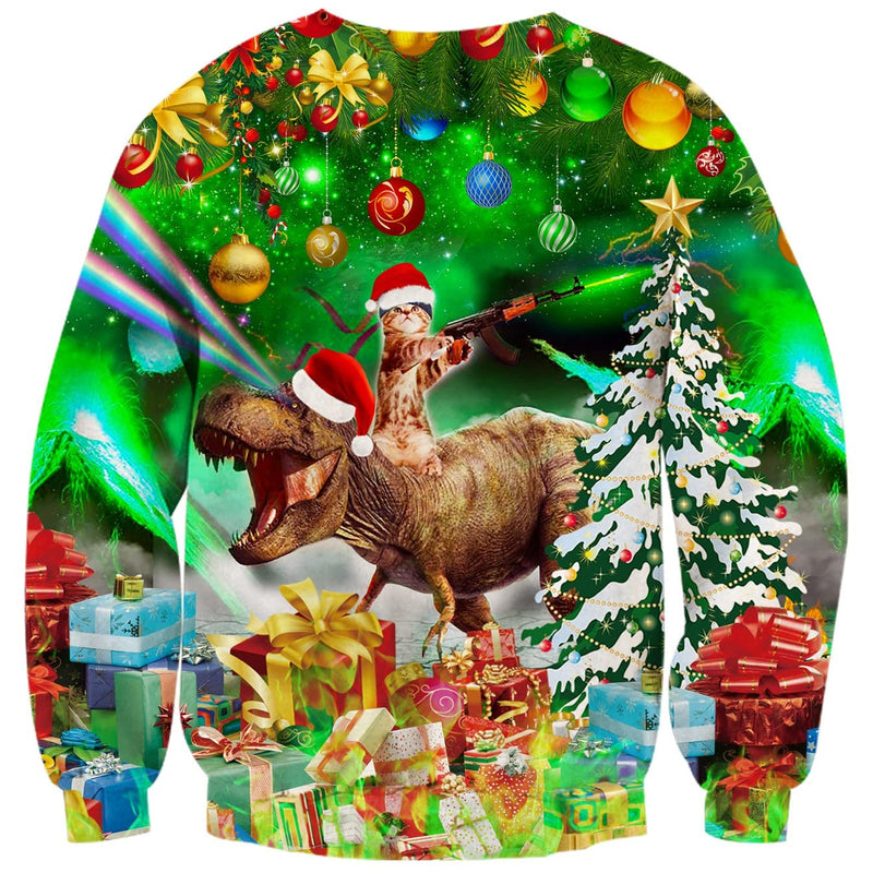 Gun Cat Riding Dinosaur Green Ugly Christmas Sweater