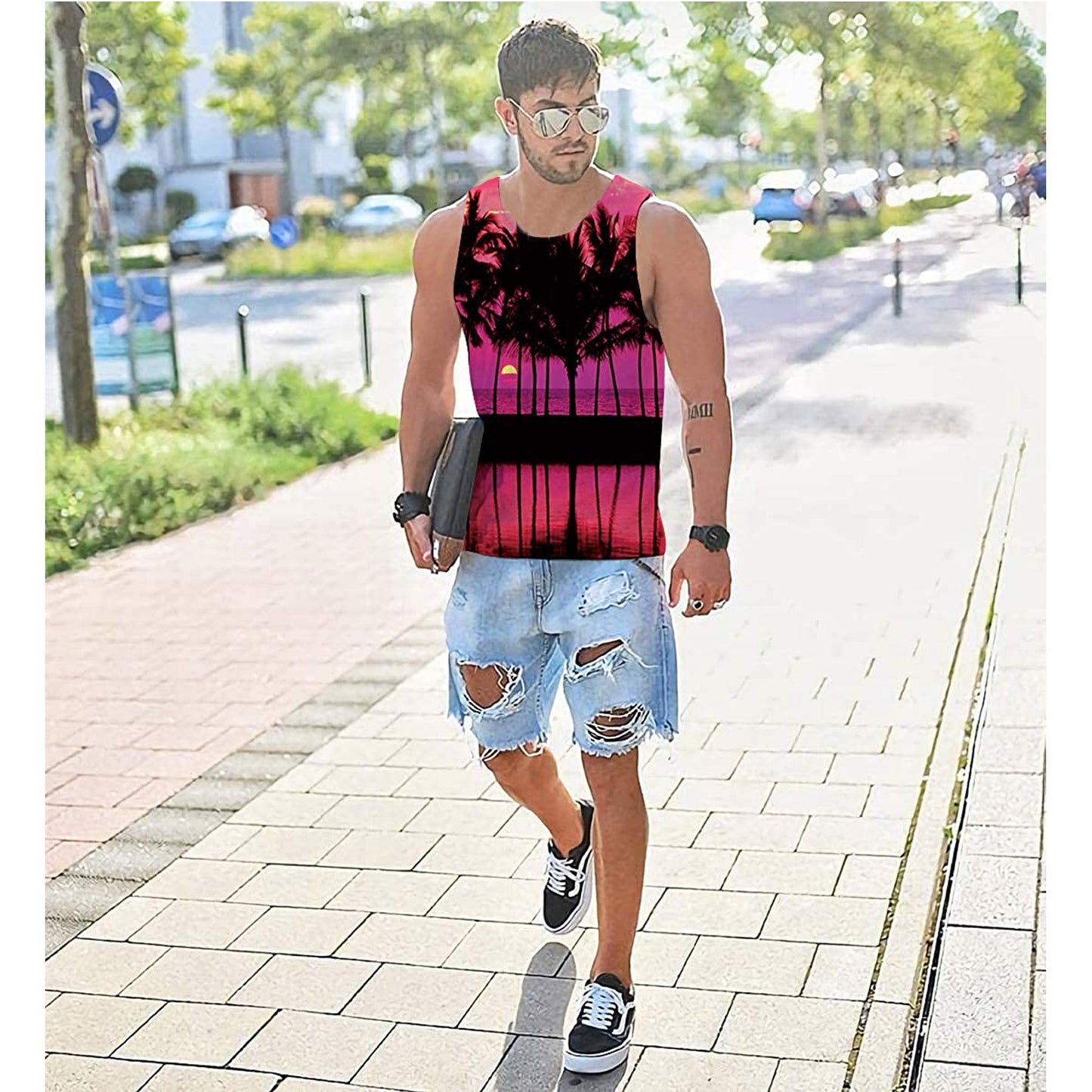 Grappige tanktop met rode zonsondergangpalm