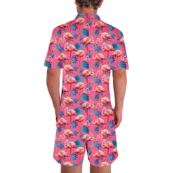 Palm Leaf Flamingo Pink Men Romper