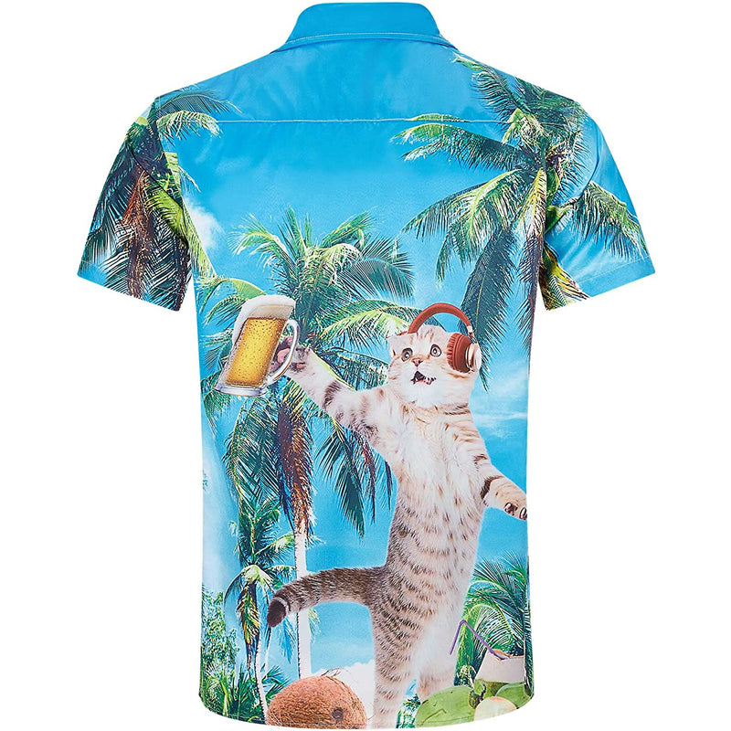 Palm Tree Music Beer Cat Novelty Hawaiian Shirt