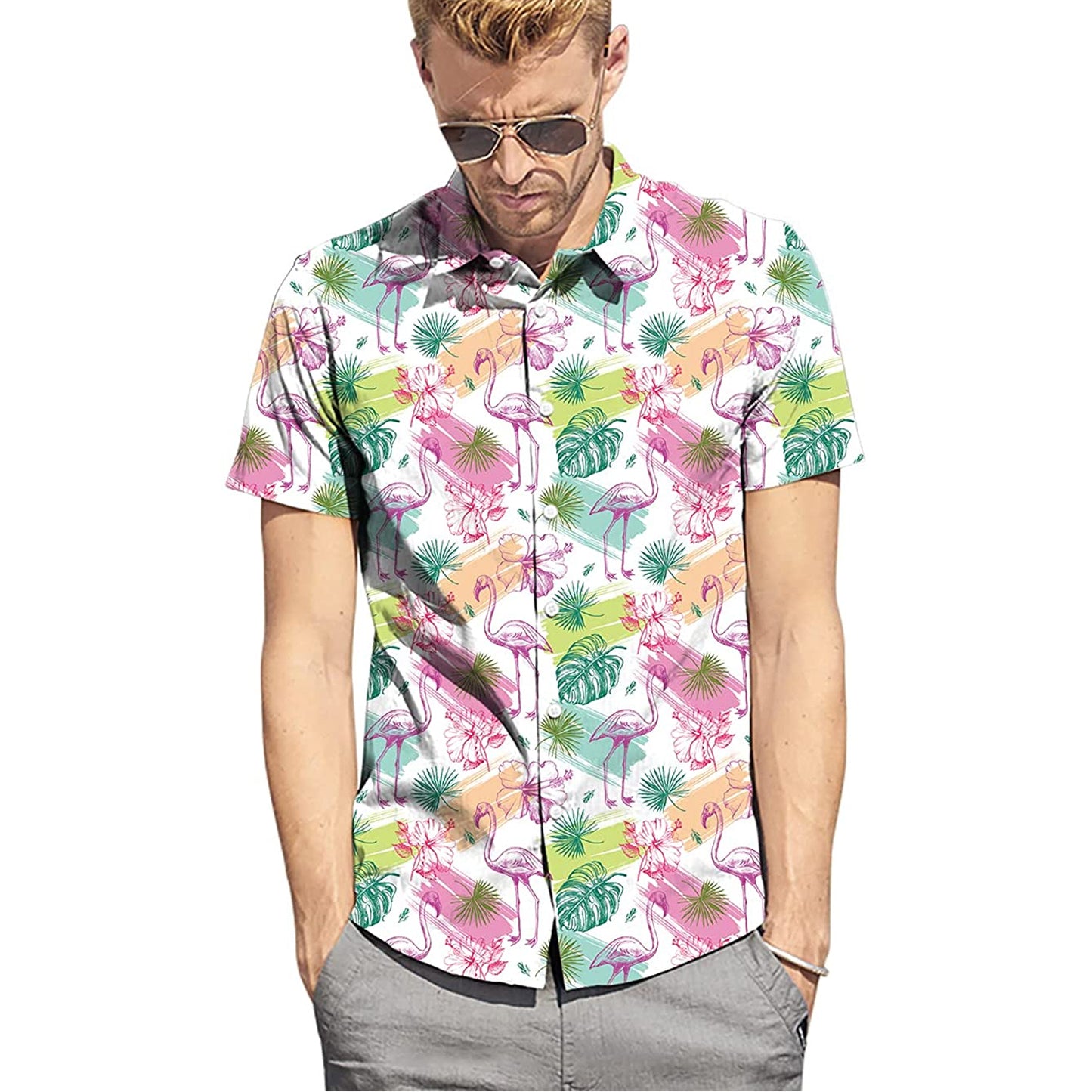 Palmblad roze flamingo grappig Hawaiiaans shirt