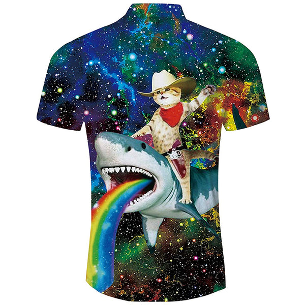 Space Cat Riding Shark Funny Hawaiian Shirt