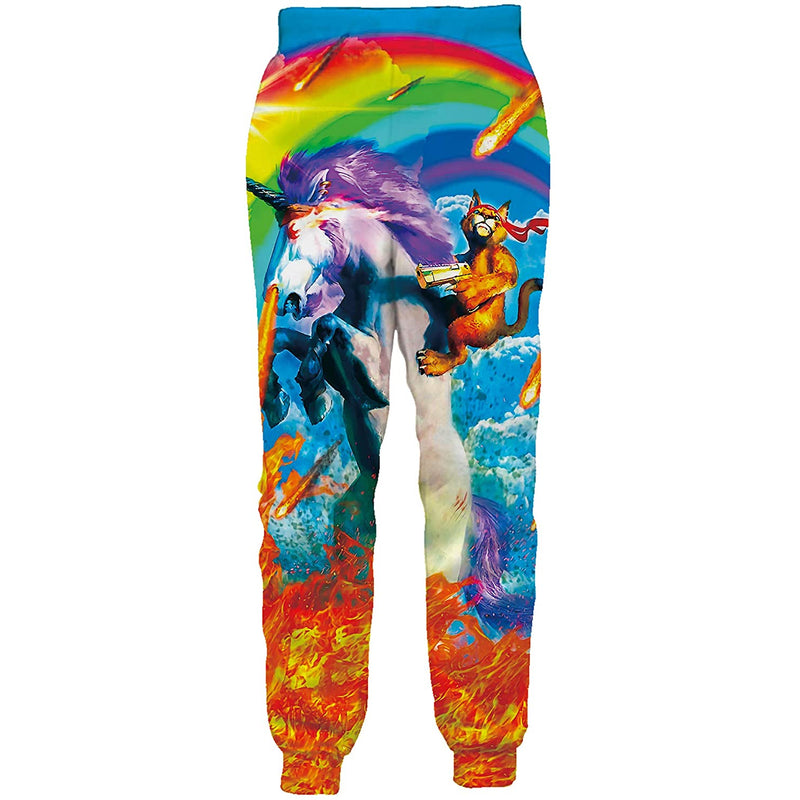 Rainbow Cat Riding Unicorn Funny Sweatpants