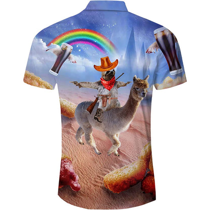Regenboog Cowboy Luiaard Rijdende Lama Grappig Hawaiiaans Shirt