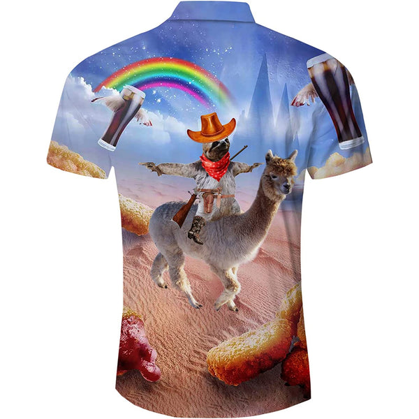 Rainbow Cowboy Sloth Riding Llama Funny Hawaiian Shirt