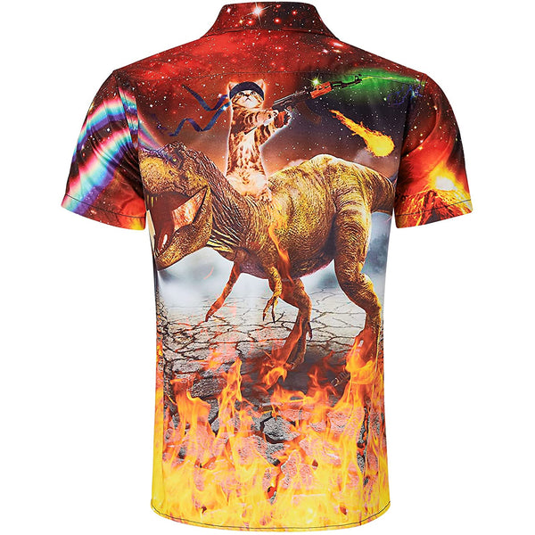 Fire Gun Cat Riding Dinosaur Crazy Hawaiian Shirt