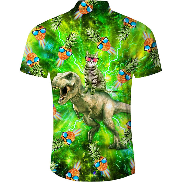 Pineapple Cat Riding Dinosaur Funny Hawaiian Shirt