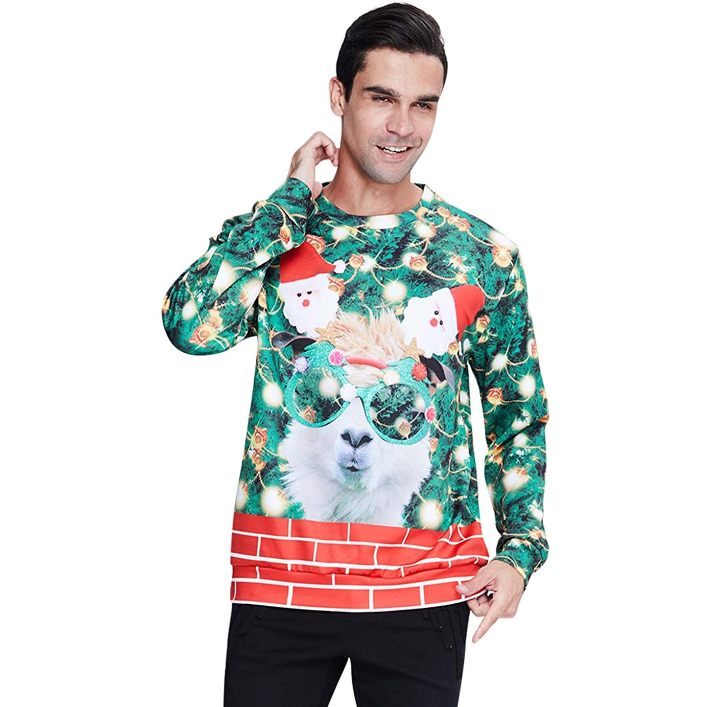 Lustiger hässlicher Weihnachtspullover mit Brille und Lama