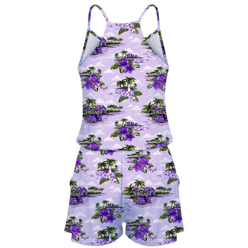 Purple Floral Palm Tree Funny Romper for Women