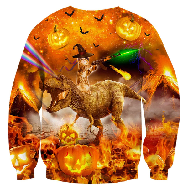 Pumpkin Cat Riding Dinosaur Halloween Ugly Christmas Sweater