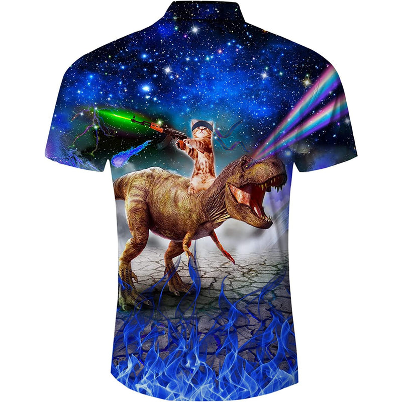 Galaxy Gun Cat Dinosaur Blue Funny Hawaiian Shirt