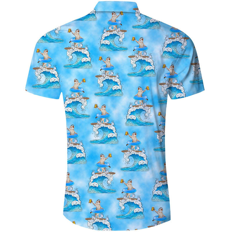 Beer DJ Surfing Cat Blue Funny Hawaiian Shirt