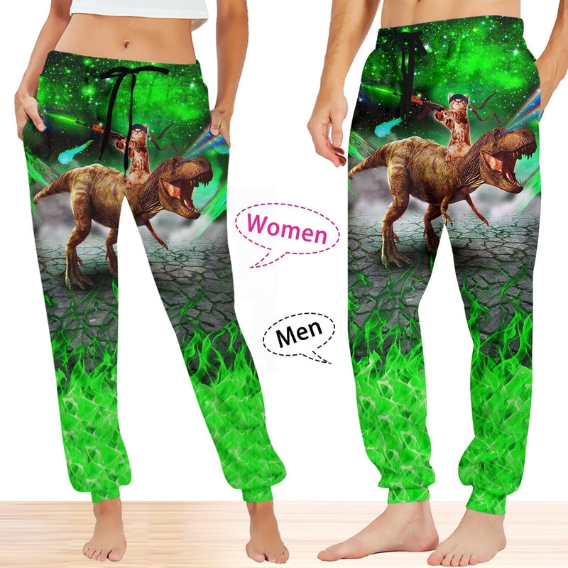 Green Gun Cat Riding Dinosaur Funny Sweatpants