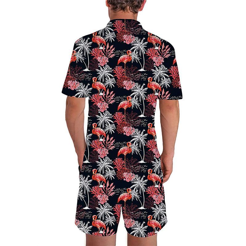 Black Coconut Tree Flamingos Male Romper