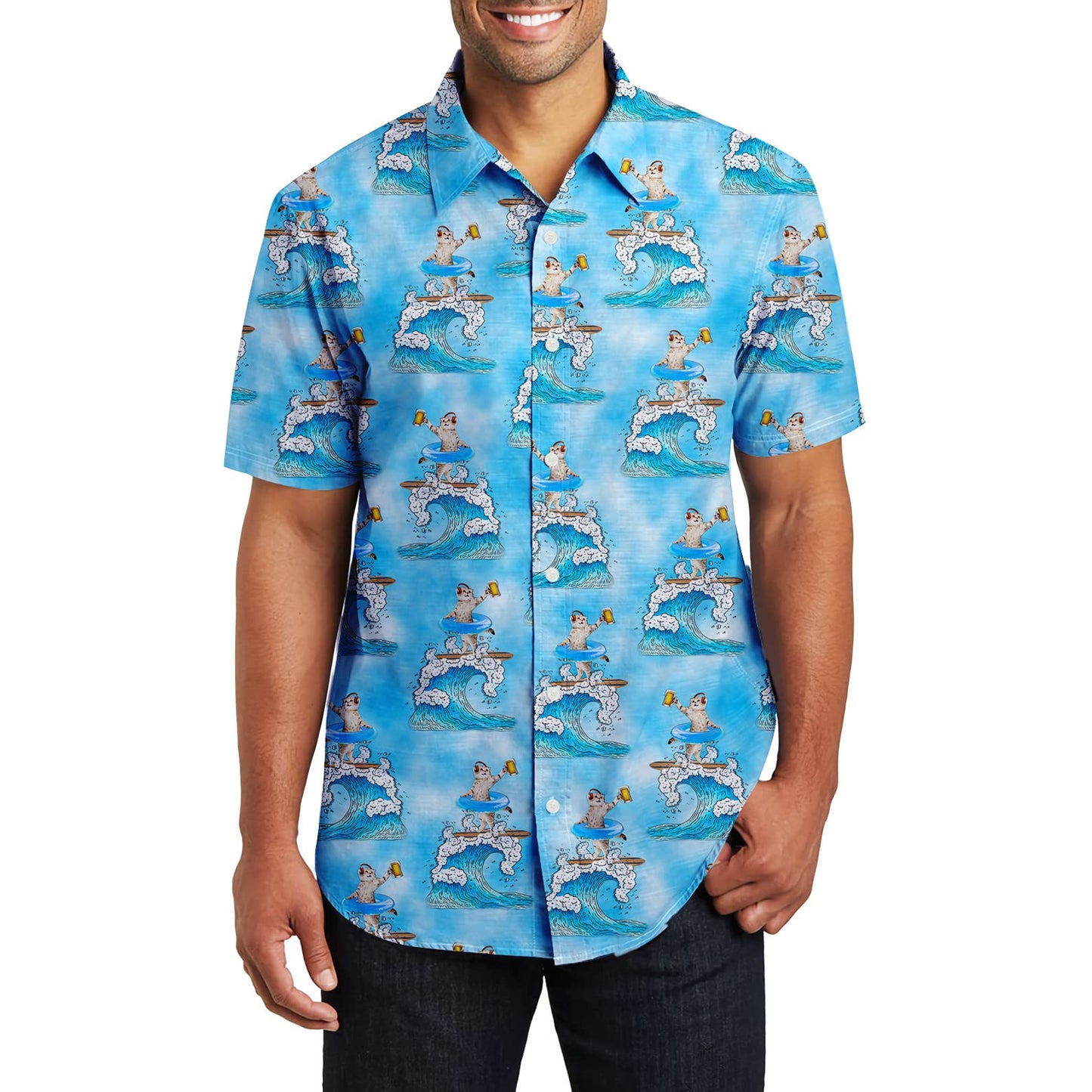 Bier DJ Surfende Kat Blauw Grappig Hawaiiaans Shirt