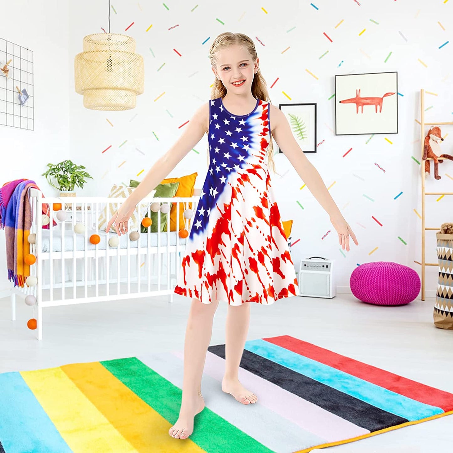 Batikkleid mit amerikanischer Flagge und lustiger Aufschrift „Girl“