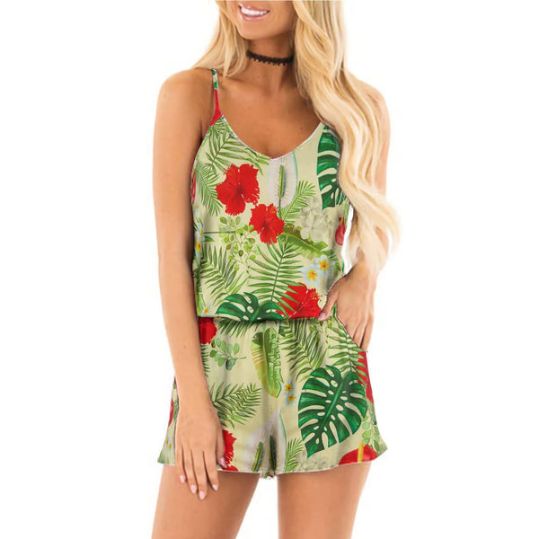Palm Leaf Floral Yellow Funny Romper for Women