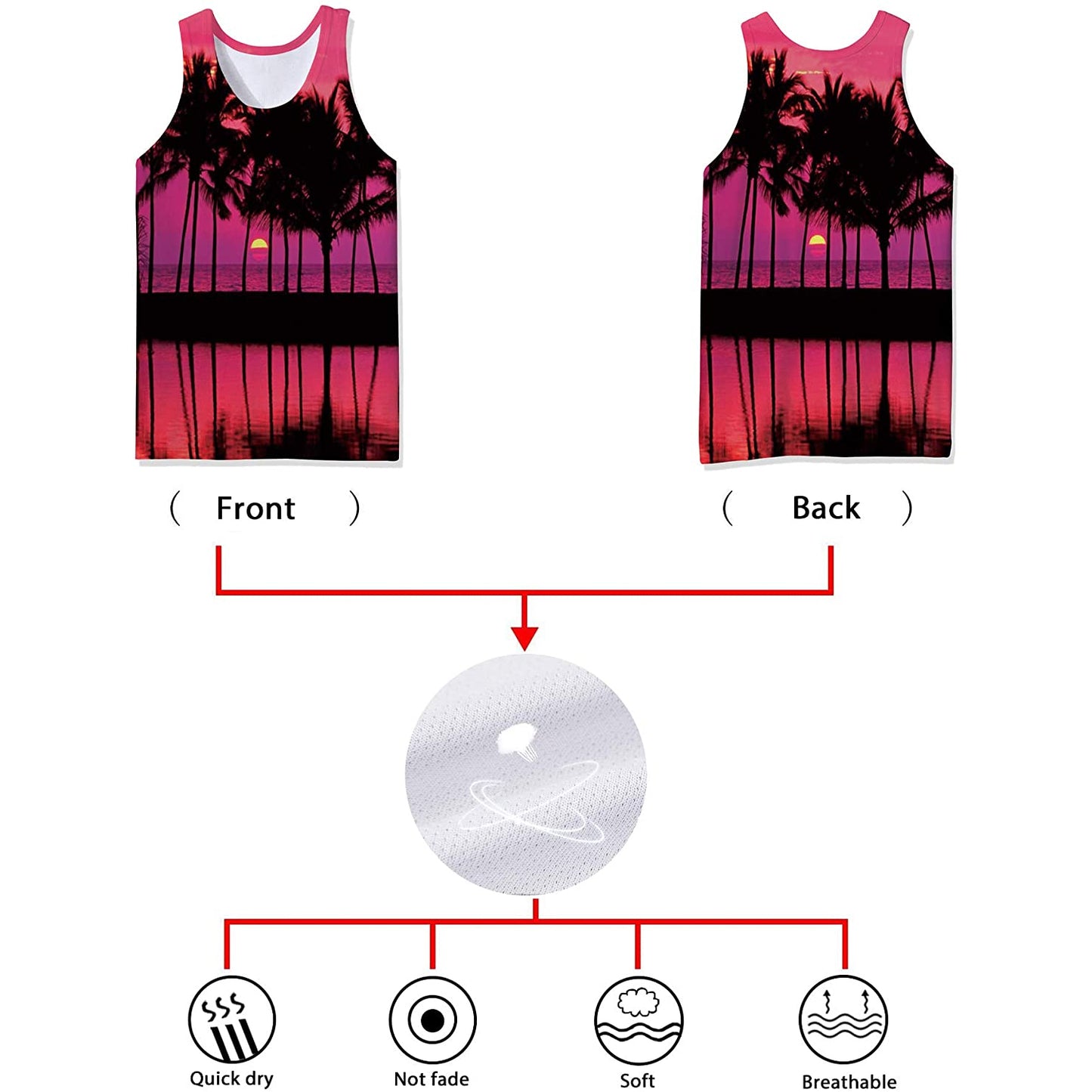 Grappige tanktop met rode zonsondergangpalm