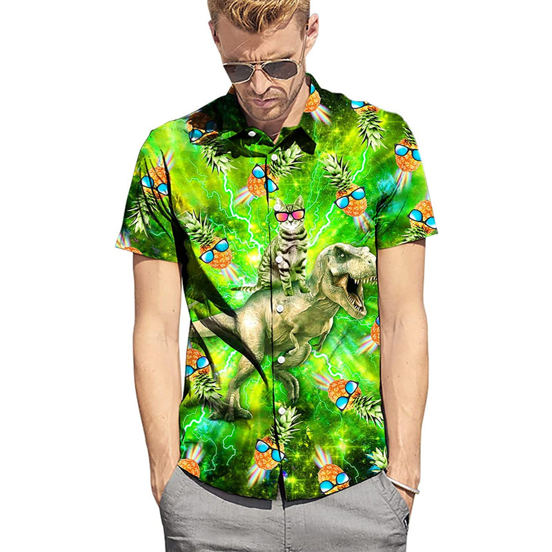 Pineapple Cat Riding Dinosaur Funny Hawaiian Shirt
