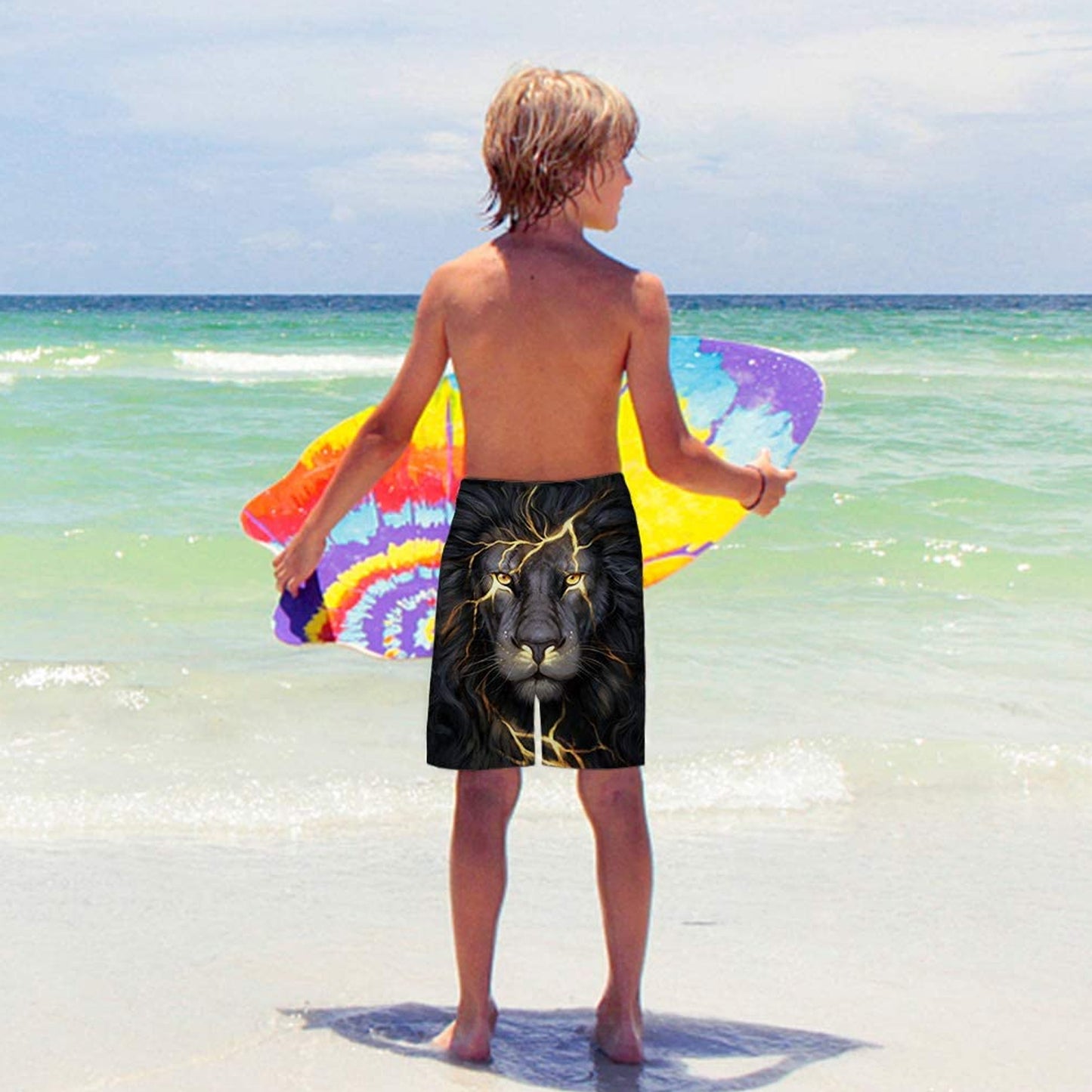Gelbe Badehose für Jungen mit lustigem Löwenmotiv