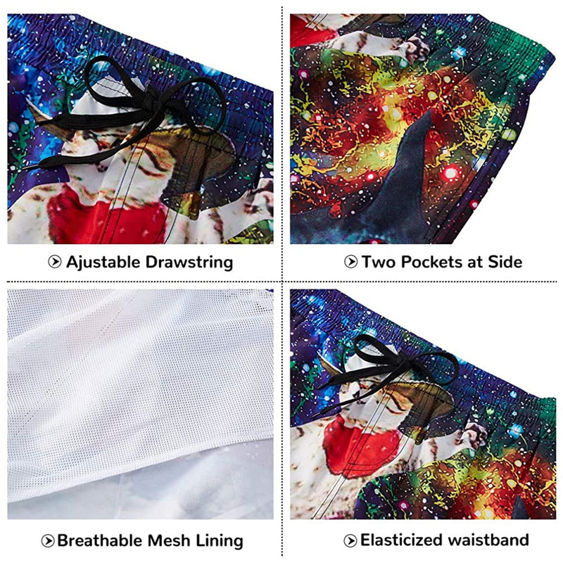 Space Cat Riding Shark Rainbow Funny Swim Trunks