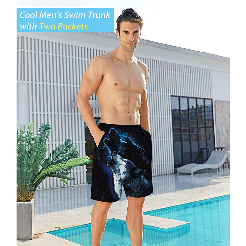 Blue Galaxy Wolf Funny Swim Trunks