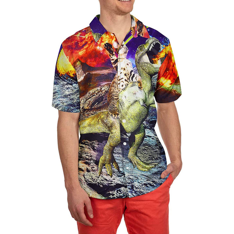 Cat Riding Spitfire Dinosaur Funny Hawaiian Shirt