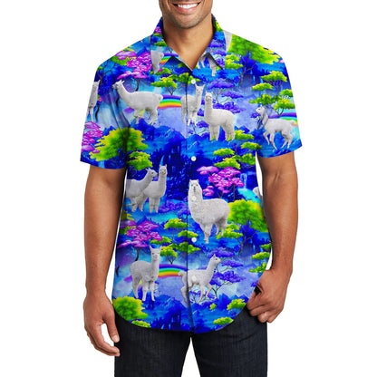 Regenboogbos lama blauw grappig Hawaiiaans shirt